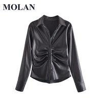 molan fashion leather women vintage folds faux coat vintage long sleeve streetwear jacket female outerwear chic blazer