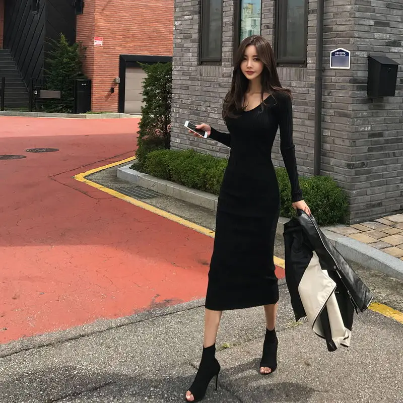 

Elegant Korean Winter Sweater Dress Women Long Sleeve Sexy V-neck Casual Slim Knitting Dress Female Streetwear Pencil Dresses