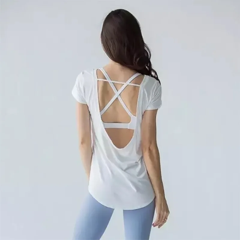 

Breathable Yoga T-shirts Short Sleeve Blouse Open Back T-running Lightweight Loose Sports T-shirt Fitness Sportswear Workout