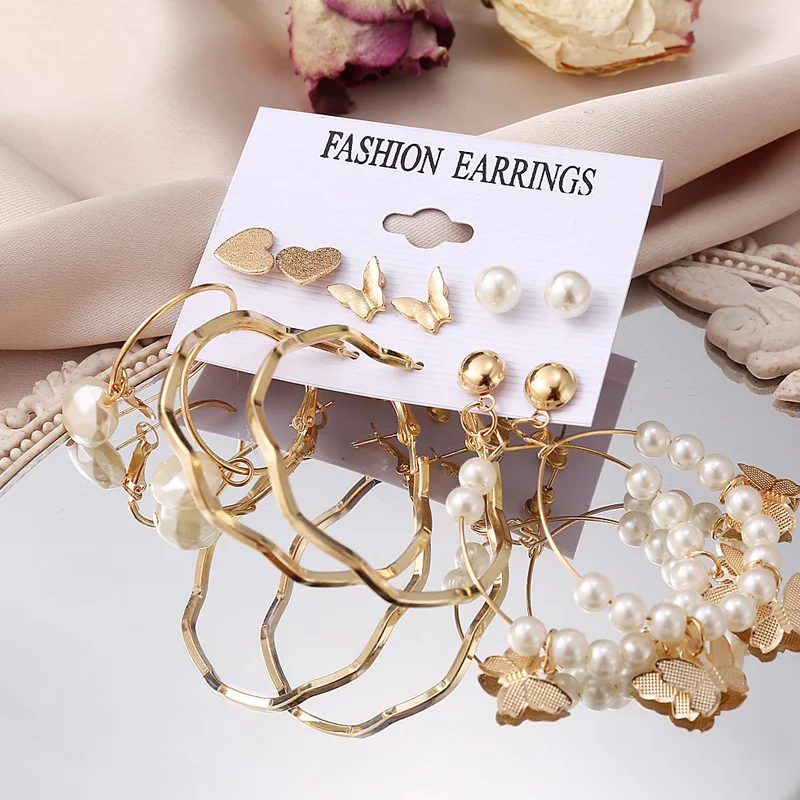 

Fashion Gold Chain Hoop butterfly Earrings Set For Women Girls Elegant Geometirc Pearl Circle Earrings 2021 NEW Jewelry Gift