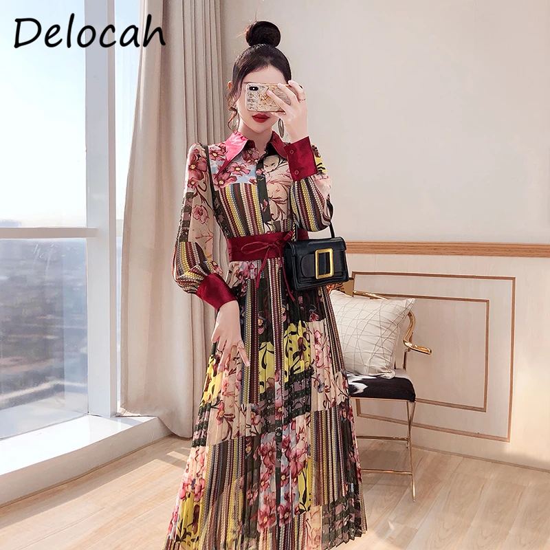 

Delocah весеннее женское 2021 Новое модное подиумное нарядное плиссированное платье с рукавами-фонариками и бантом, с высокой талией, с принтом, ...