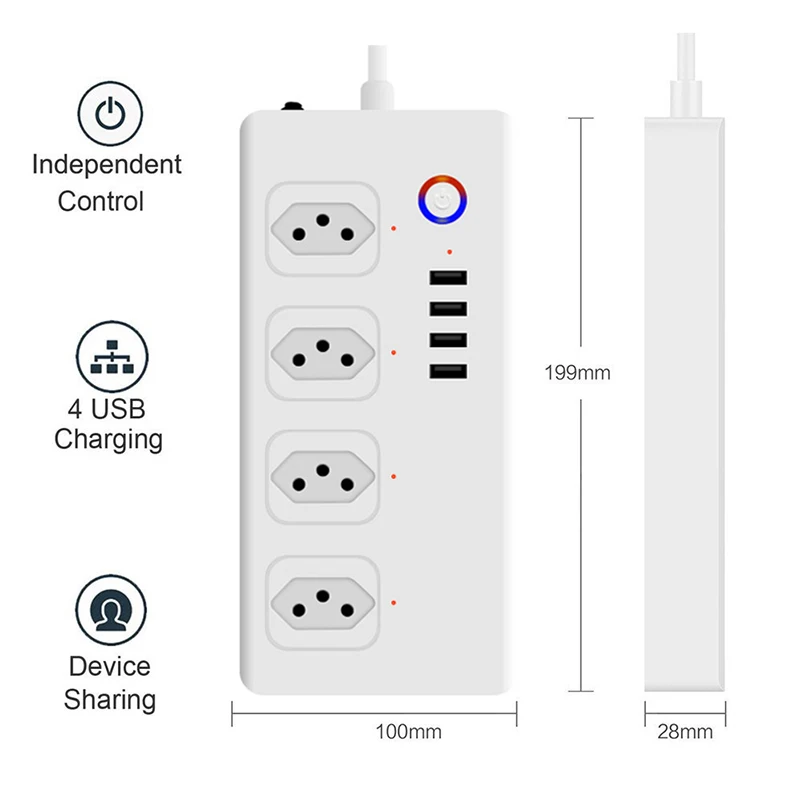 

WiFi Smart Power Strip Brazil plug,UseeLink Smart Power Bar Multiple Outlet Extension Cord with 4 USB and 4 AC Plugs by Tuya