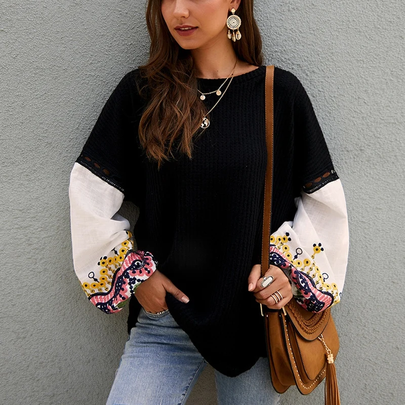 New ladies casual plus size sweater 8XL 7XL 6XL 5XL fashion knit stitching embroidery flower cuffs round neck bust 133CM | Женская