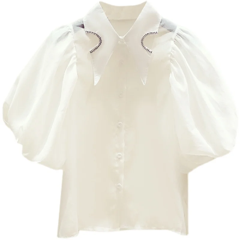 

square collar with diamond design small crowd bubble sleeve white shirt women's summer retro court style blue shirt