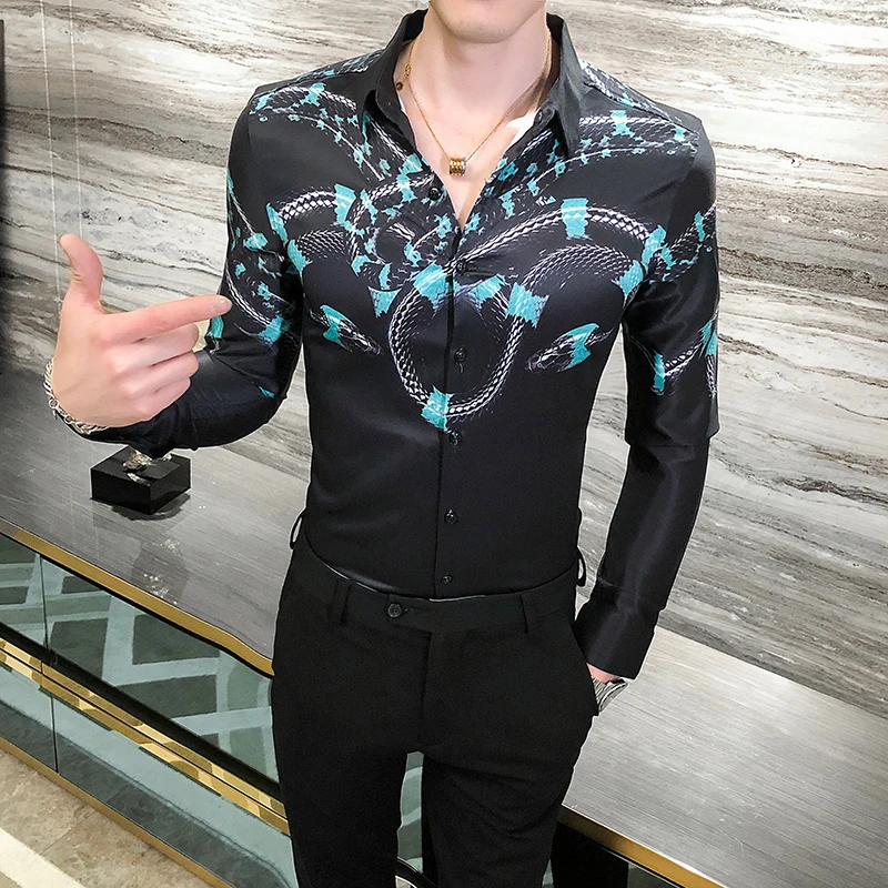 

New Print Shirt Men Korean Slim Fit Men Casual Shirts Long Sleeve All Match Streetwear Men Clothing Night Club Tuxedo Dress 3XL