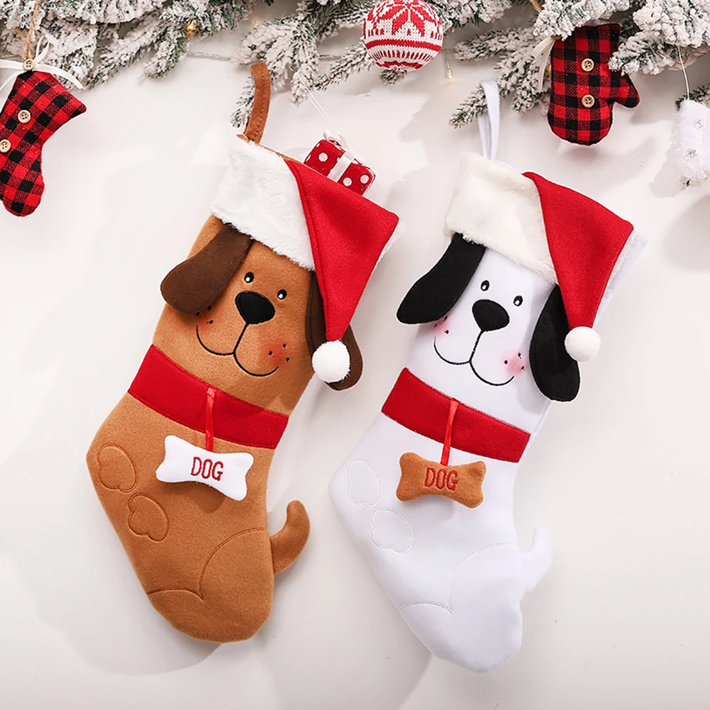 

Dog Christmas Stockings with Bone Xmas Hat Carton Puppy Stocking Washable Portable Kids Bag Candy Holder Fireplace Decoration