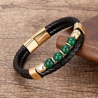 trendy natural stone bead bracelet for men charm stainless steel clasp multilayer leather women bracelets handmade mens jewelry