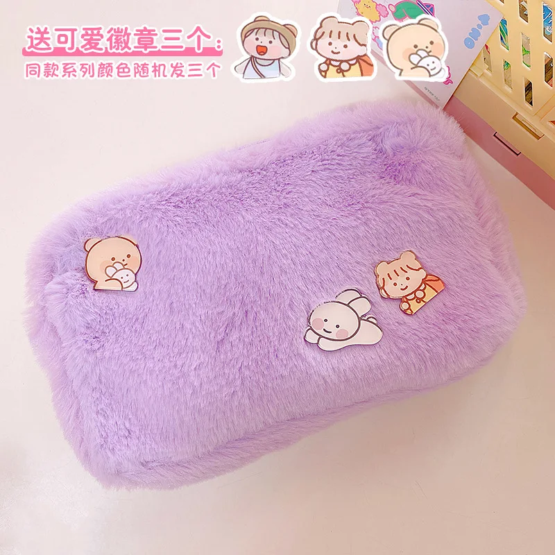 

Fashion Women Soft Cosmetic Bag With 3 badges Japanese Cute Pencil pen Makeup Storage Organizer Bag Pouch For Student Girls Bag