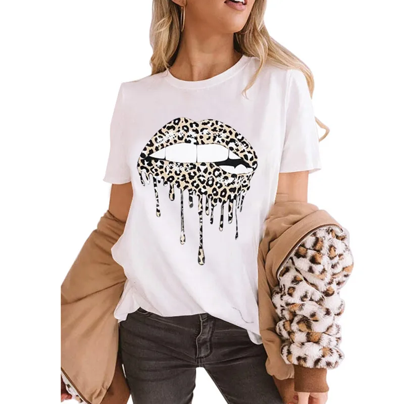 Женская Сексуальная футболка с леопардовым принтом и вырезом в виде губ хипстер
