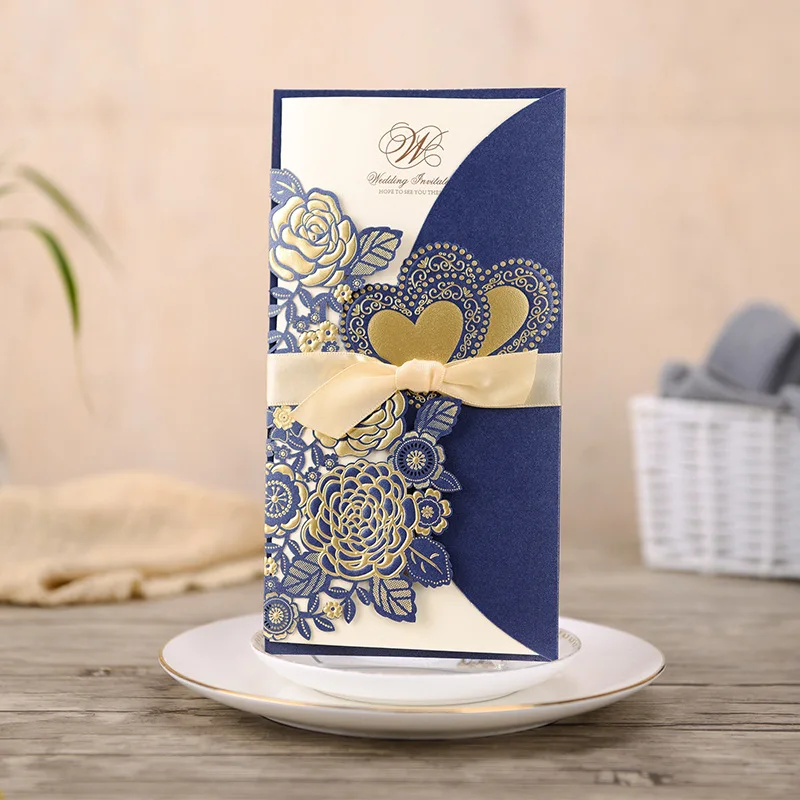 50 шт. лазерная резка для свадьбы Пригласительные открытки с конвертами Роза в