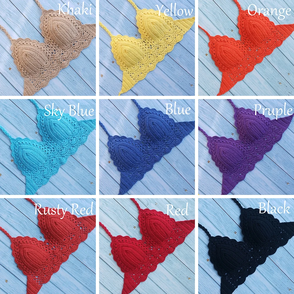10 Colors Have Lining Womens Bikini Top Sexy Crochet Knit Separate Female Swimsuit Push Up Bra Beachwear Plus Size Bathing Suits