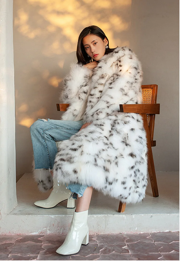 Ladies fur coat, fox fur coat, black dots, leopard print, long suit, large size, keep warm in winter