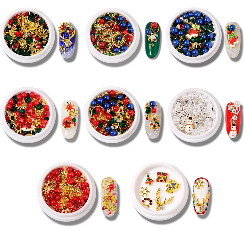 

1Jar Christmas Alloy Nail Art Decoration 3D Mix Round Beads With Metal Charms Colorful Pearl Manicure Rhinestone Accessories GA4