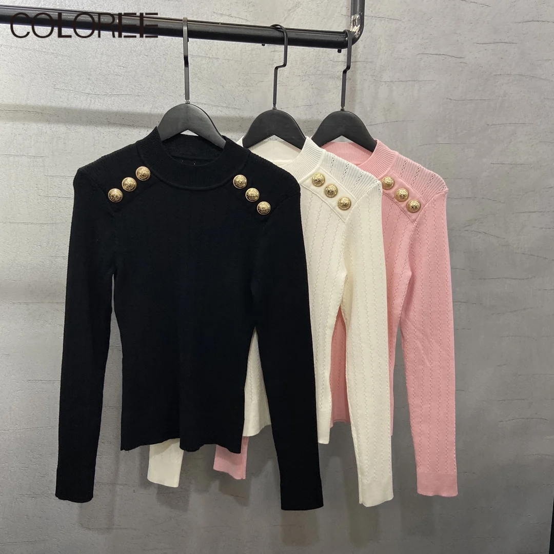 

Runway Designers Tops Mujer 2021 Autumn Winter Gold Buttons Knitted Sweater Women Long Sleeve Pull Hiver Femme