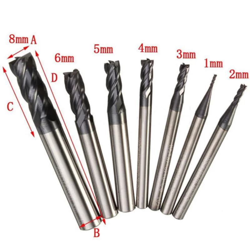 

7pcs 1-8mm 50 4Flutes Tungsten Carbide End Mill Set CNC Straight Shank Cutter