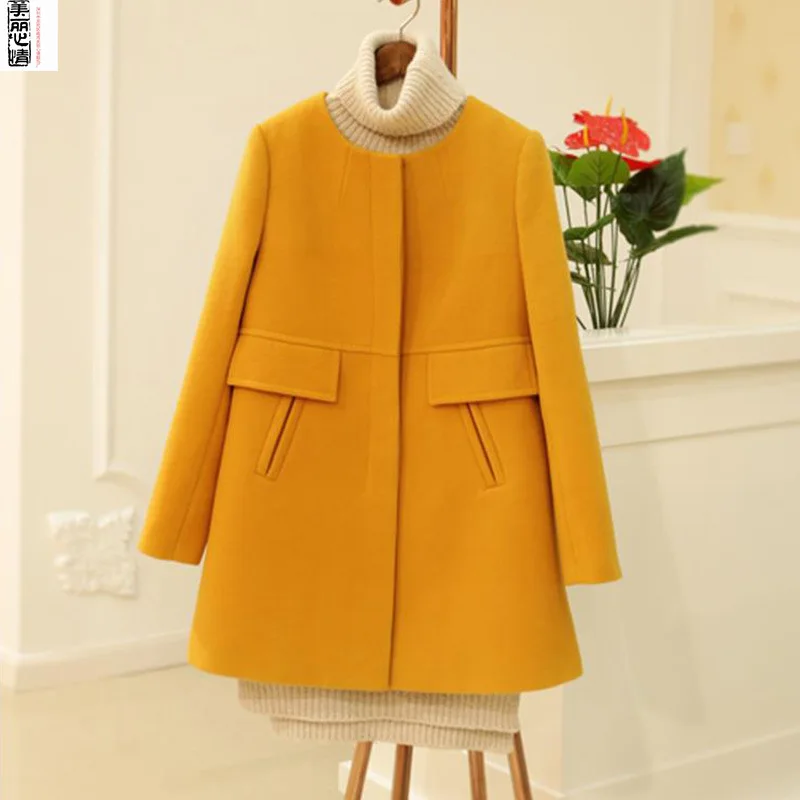 

2021Autumn Winter Woolen Coat Women Pocket Button Cardigan Korean Slim Thick O-Neck Casual Loose Jacket Female Large Size S-5XL