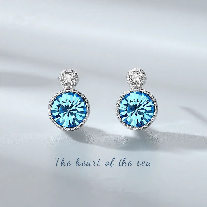 

S925 Sterling Silver Ear Studs Women Austrian Crystal Fashion All-match Earrings Heart of the Sea Earrings For Women Jewelry