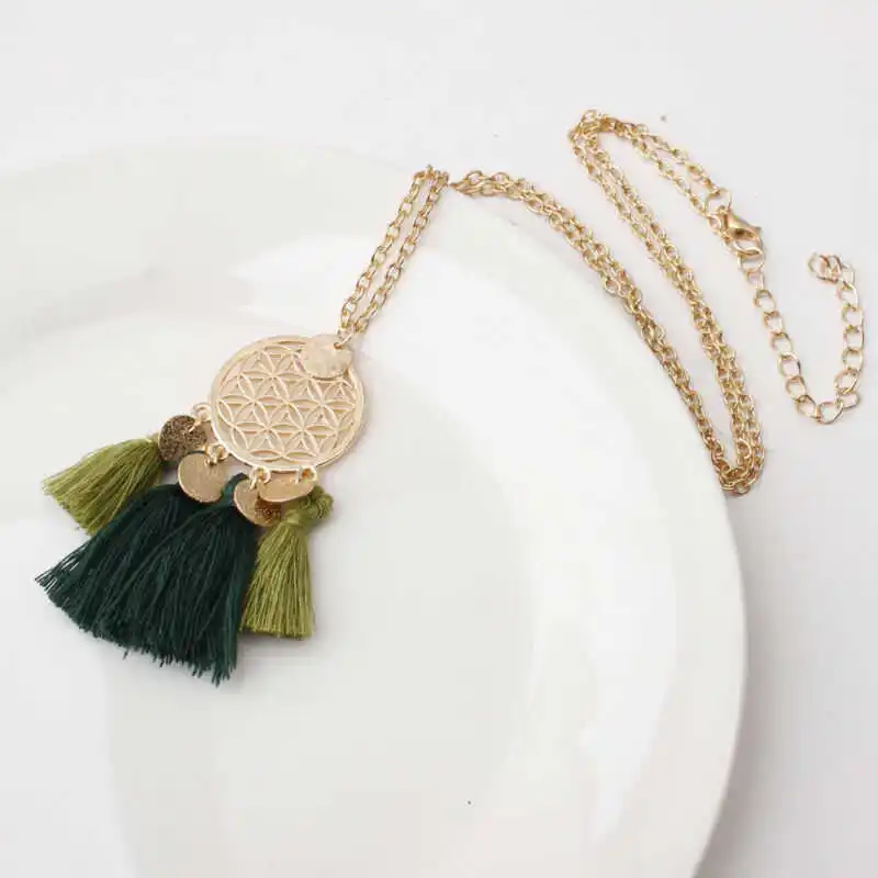 

New Tassel Jewelry Sweater Pendant Round Women Alloy Hollow Chain Necklace Boho Long