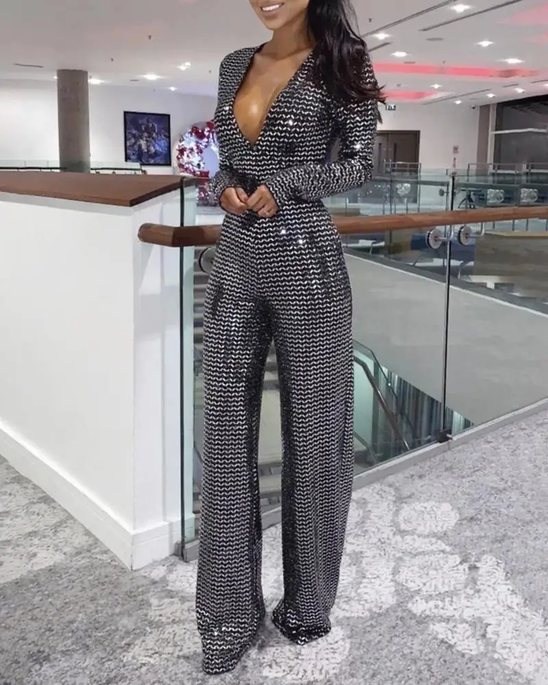 Блестящий Комбинезон с глубоким v-образным вырезом и открытой спиной |