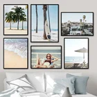 Морской пляж, кокосовое дерево, доска для серфинга, настенная Картина на холсте, скандинавские плакаты и принты, настенные картины для декора гостиной