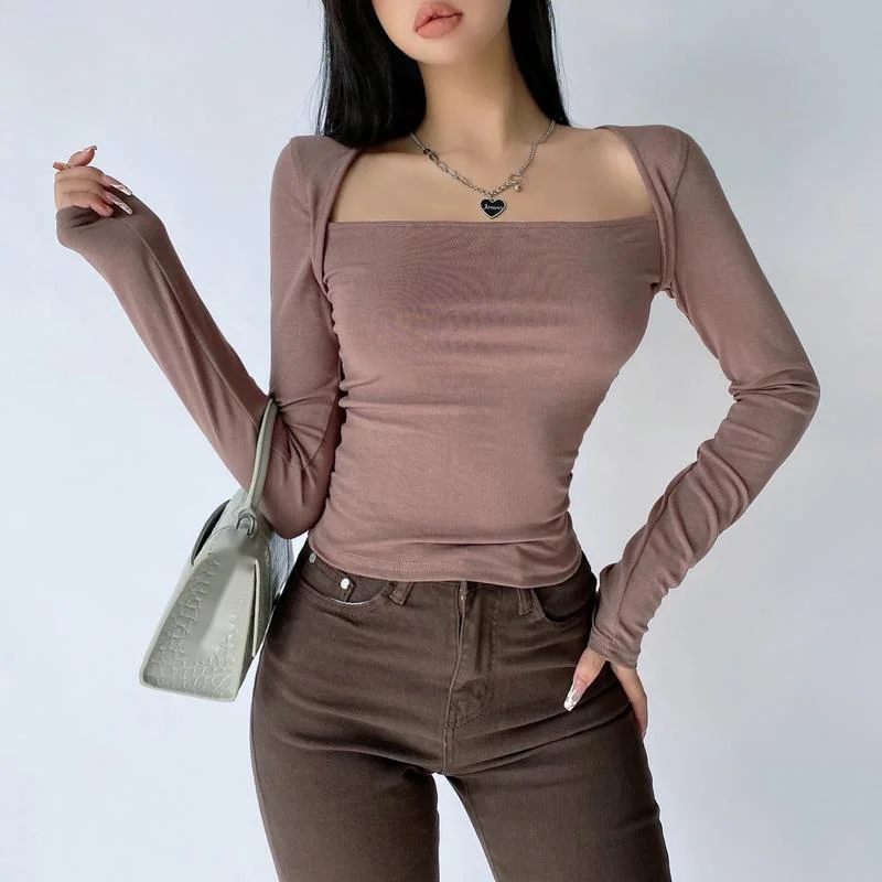 

WOMENGAGA Sexy Shoulder Wrap Slim Square Neck Long Sleeve T-shirt Women Short Top Tees Fashion Korean Women Tops PLB1
