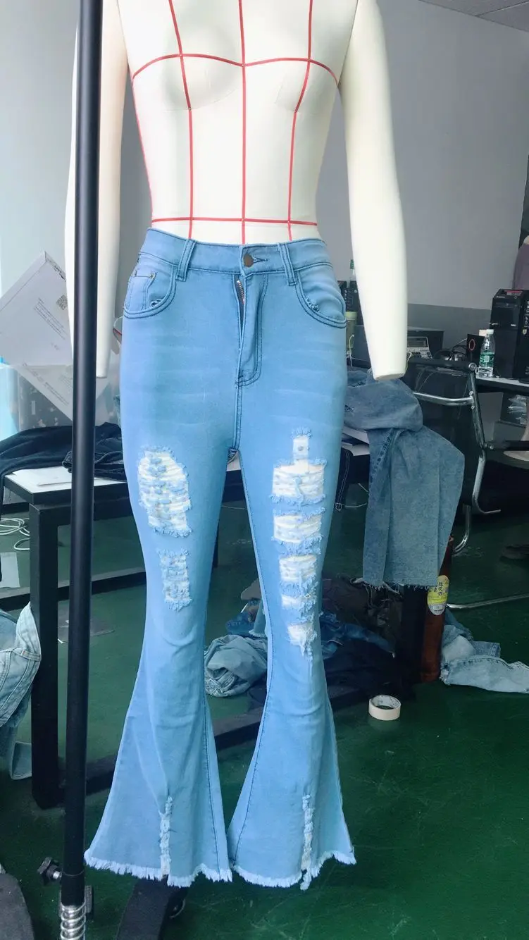 

Ripped Jeans for Women Striped High Waist Wide Leg Flare Jean Woman Push Up Denim Pants Bell Bottom Trousers Pantalon Jean Femme