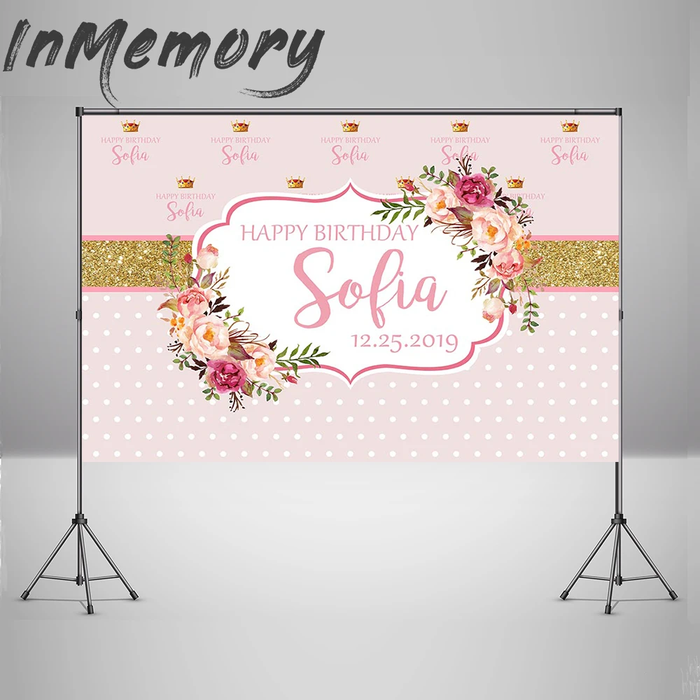 Виниловый фон для фотосъемки в горошек с розовыми цветами и золотыми