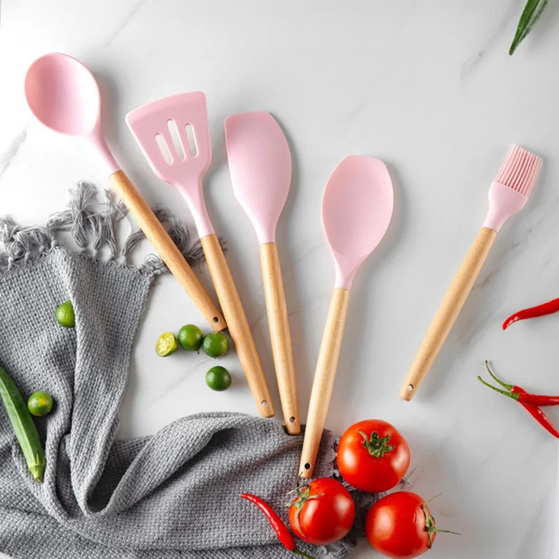 

11PCS Silicone Cooking Utensils Set Non-stick Spatula Shovel Wooden Handle Cooking Tools Set With Storage Box Kitchen Tools