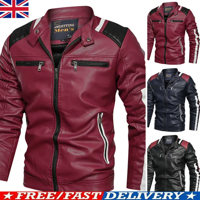 

Men PU Leather Motorcycle Biker Vintage Jacket Coat Work Bomber Top Zip Outwear