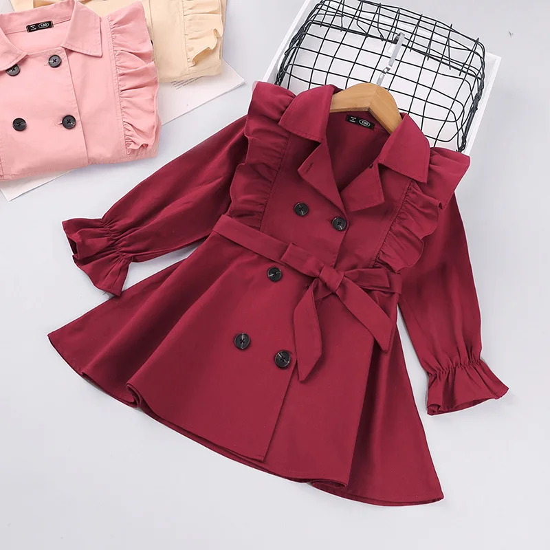 

2021 2-6Y Toddler Girls Clothes Long Sleeve Fashion Trench Coats Children Solid Outerwear with Sashes Autumn Winter Costume