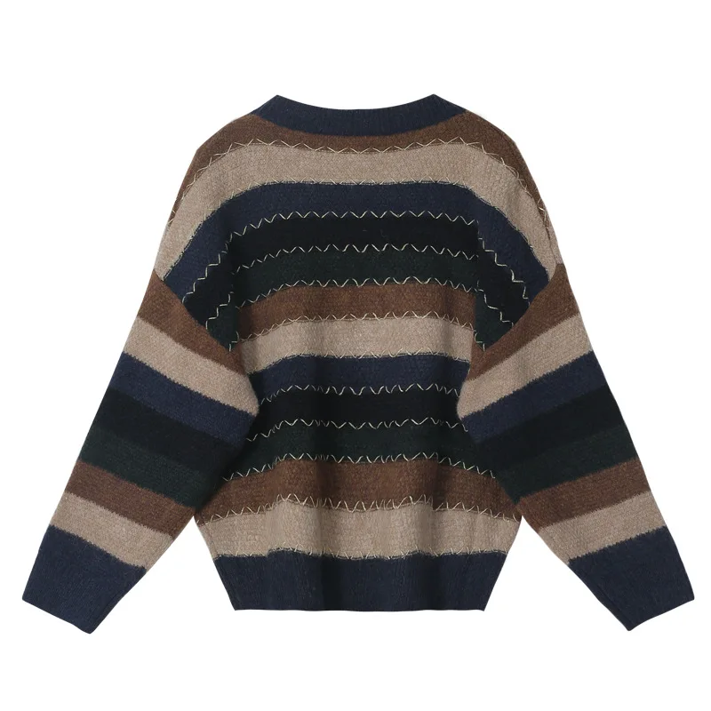 

Vintage Striped Knitted Jumper Women Sweaters Warm Bushness Casual Long Sleeve O-Neck Knitwear Pullover Oversize Fall Lady Tops