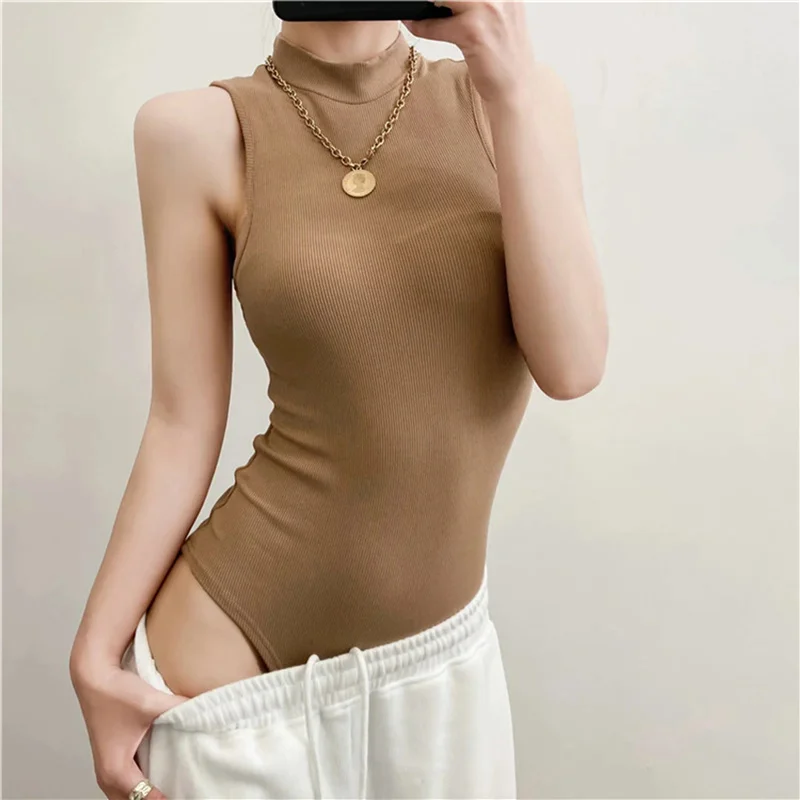 

Women Sexy Bodysuit, Ribbed High Collar Sleeveless Solid Color One-piece Garment Body Shaping Tops for Female