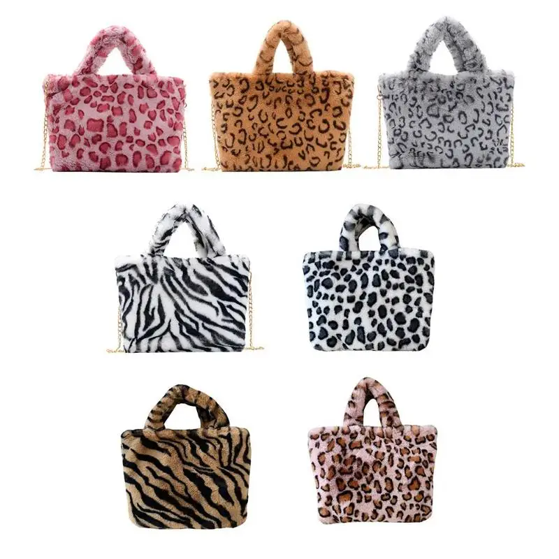 New Women Winter Faux Fur Shoulder Bag Handbag lady Leopard print Handbag Plush Totes Messenger Handbag Tote Bag Dropshipping