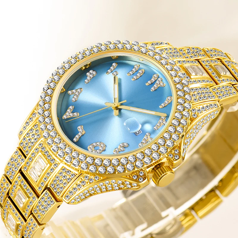 

MISSFOX Gold Iced Out Blue Sunbrust Watches For Men Silver Fashion Man's Watch Dial Dropshipping Wristwatches Relogio Masculino