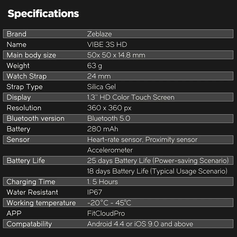 

Zeblaze VIBE 3S Smart Watch HD Color Touch Screen Heart Rate Blood Pressure Blood Oxygen Health Monitoring Fitness Tracker Watch