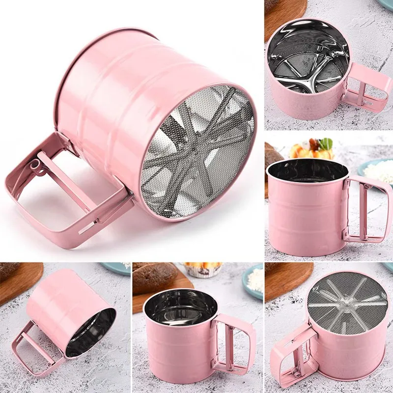 

Stainless Steel pink Sieve Cup Powder Flour Baking Tool Icing Sugar Mesh Sieve Colander Crank Sifter With Measuring Scale