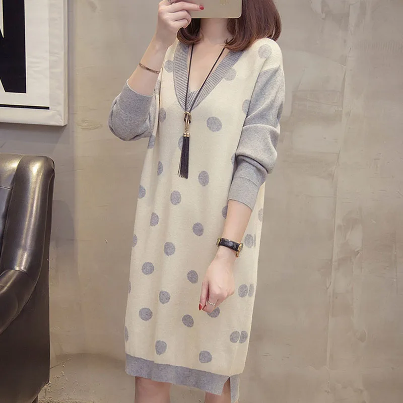 Вязаное женское платье свитер размера плюс в стиле пэчворк с v образным вырезом