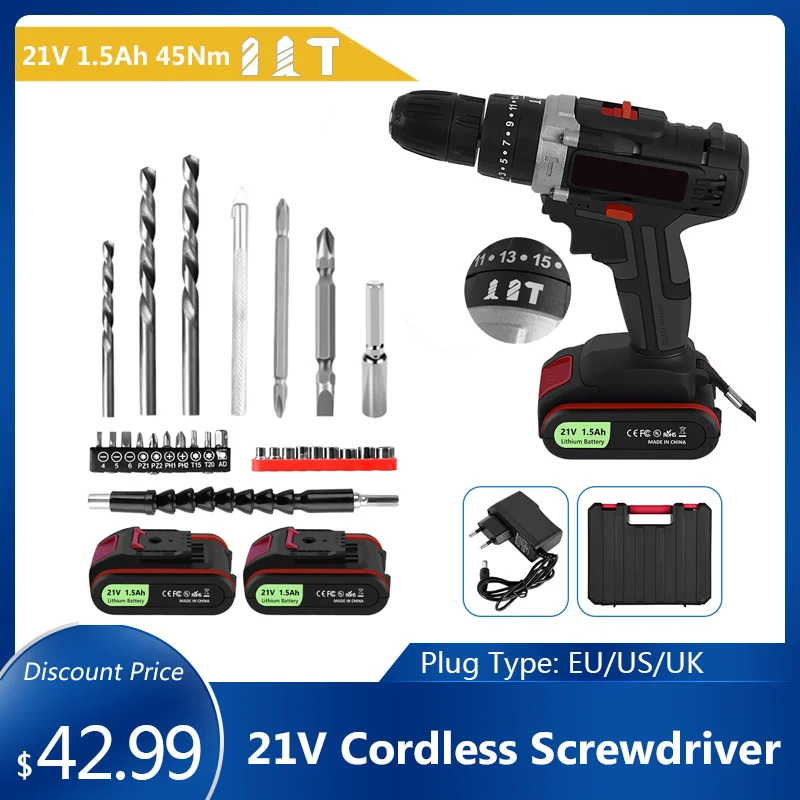 

21V Cordless Screwdriver Cordless Drill Power Tools Electric Screwdriver 2 Speed 45Nm 1.5Ah Lithium Battery Wireless Tool Set