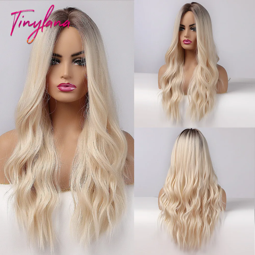 

TINY LANA Long Ombre Brown Light Blonde Synthetic Wigs Middle Part Water Wave Cosplay Wig For Black Woman Heat Resistant Fibre