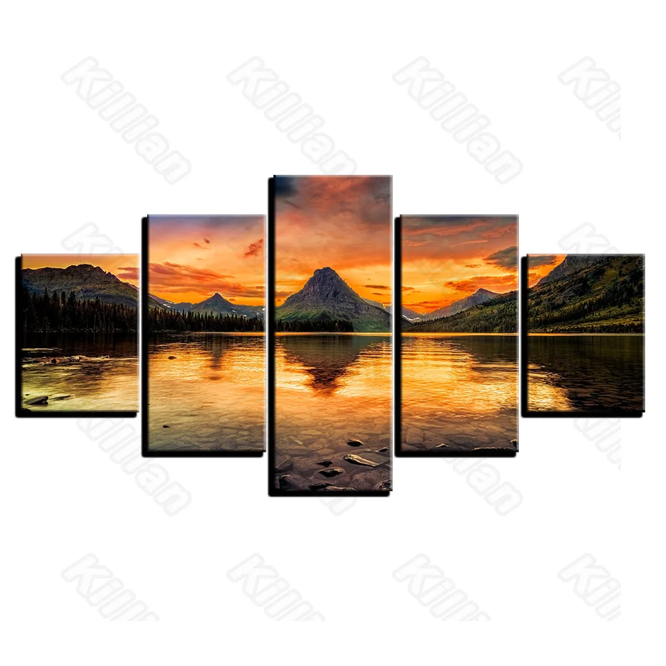 

Modern Landscape Style Murals Canvas Painting Bed Home Decoration Prints 5 Pieces Volcanic Lake Sunset Living Room Wall Mural