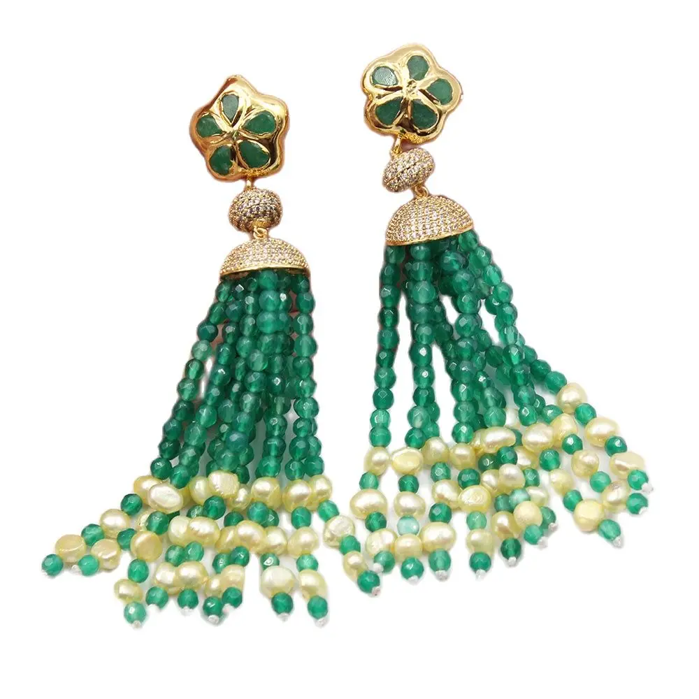 

GuaiGuai ювелирные изделия натуральный желтый жемчуг зеленый Агат CZ выложенные кисточки Позолоченные нефриты серьги-гвоздики ручной работы дл...