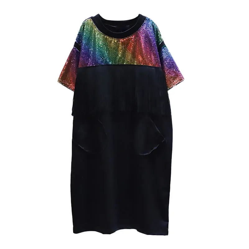 

XITAO Patchwork Dress Fashion New Women Pleated Goddess Fan Casual Style Sequined 2021 Summer Minority Loose Dress LDD1301
