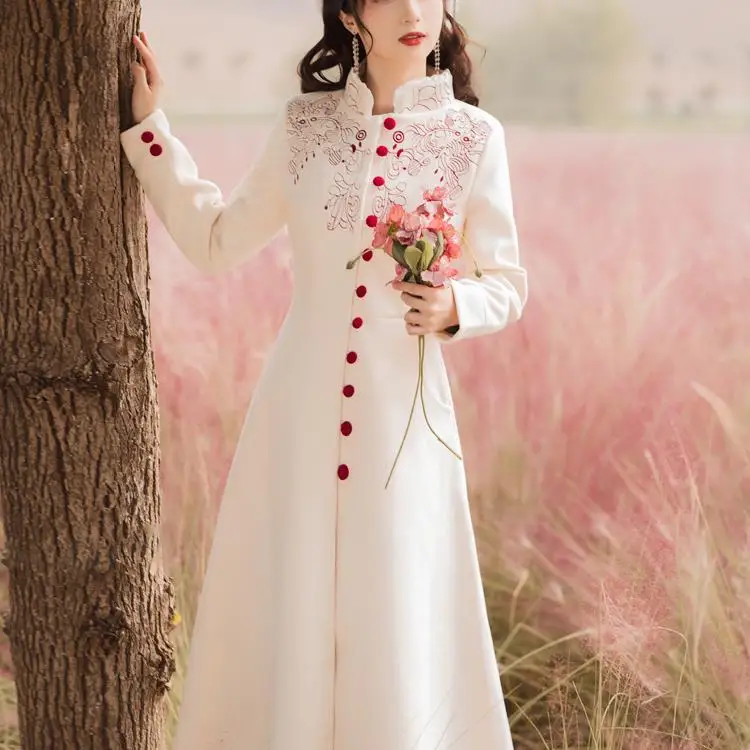 

Sweet Girl Winter French Court Gentle Fairy Lolita Long Woolen Coat Chinese Vintage Elegant Offiec Lady Chic Woman Woolen Coat