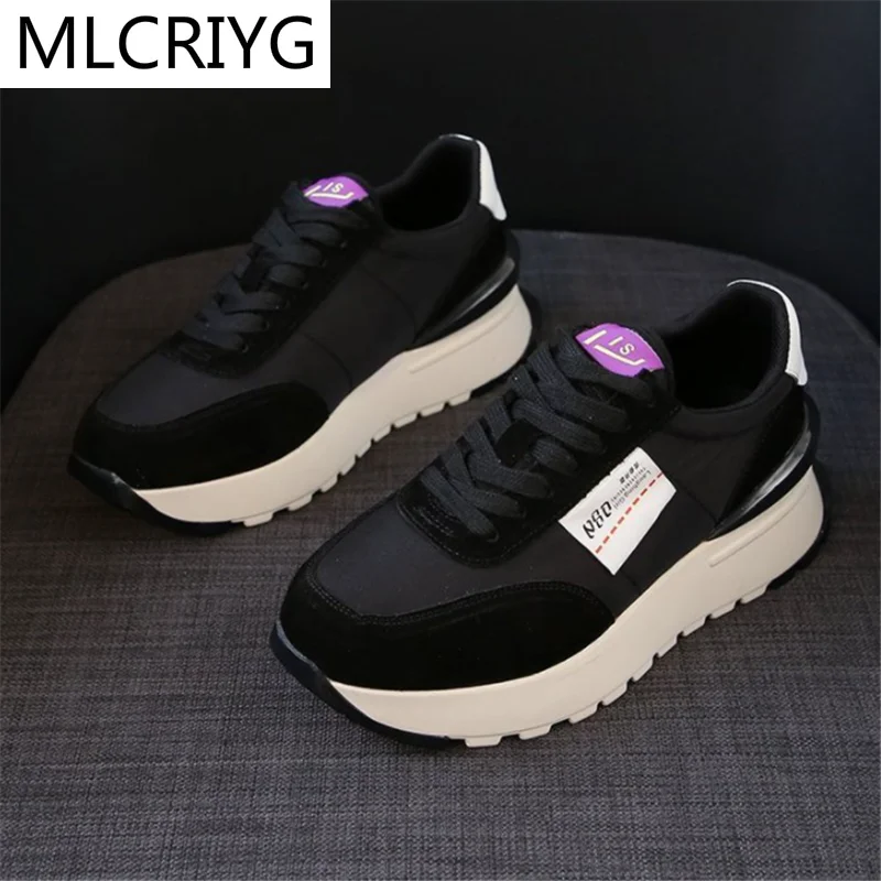 

2021 Women Sneakers Fashion Autumn Casual Shoes Vulcanized Sneakers for Women Lace-up Mid Heel Shoes Zapatos De Mujer Platform