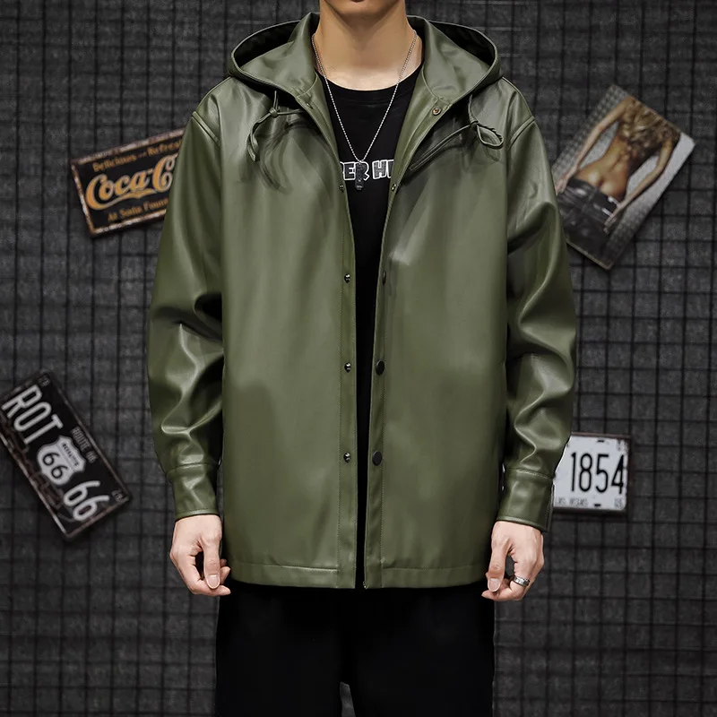 

2021 men's autumn new casual leather jacket youth long hooded leather trench coat