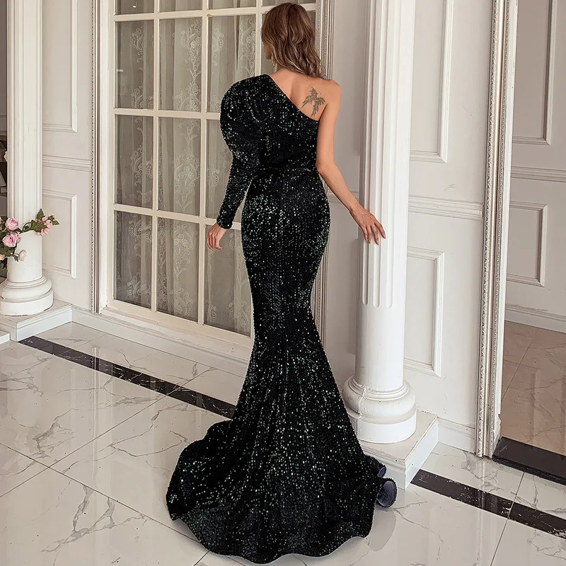 

Sladuo 2021 Women Sexy Sequins Long Sleeve One Shoulder Solid Color Hollow Out Dresses Female Elegant Maxi Dress