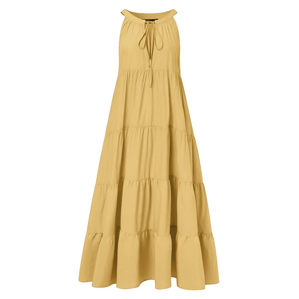 

Dress Summer Sleeveless Plain Maxi Length Ladies Fashion Pullover A Line Holiday Beach Waist Mid-length Stitching Large Pendulum