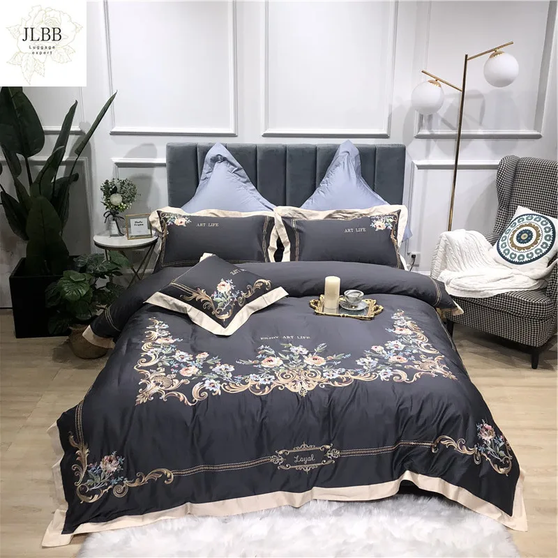 

Новинка серый синий розовый зеленый роскошный комплект постельного белья из египетского хлопка с цветочной вышивкой пододеяльник простын...