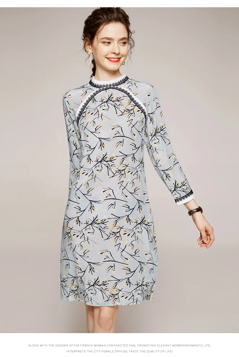 

100% Silk Women's Runway Dress O Neck 3/4 Sleeves Ruffles Printed Fashion Casual Short Dresses