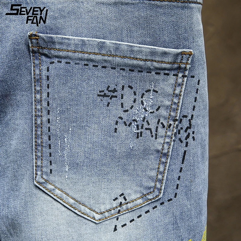 

Mens Blue Slim Jeans Hip Hop Printed Streetwear Spring Autumn Casual Pencil Denim Pants Harajuku Letter Cowboy Trousers Male